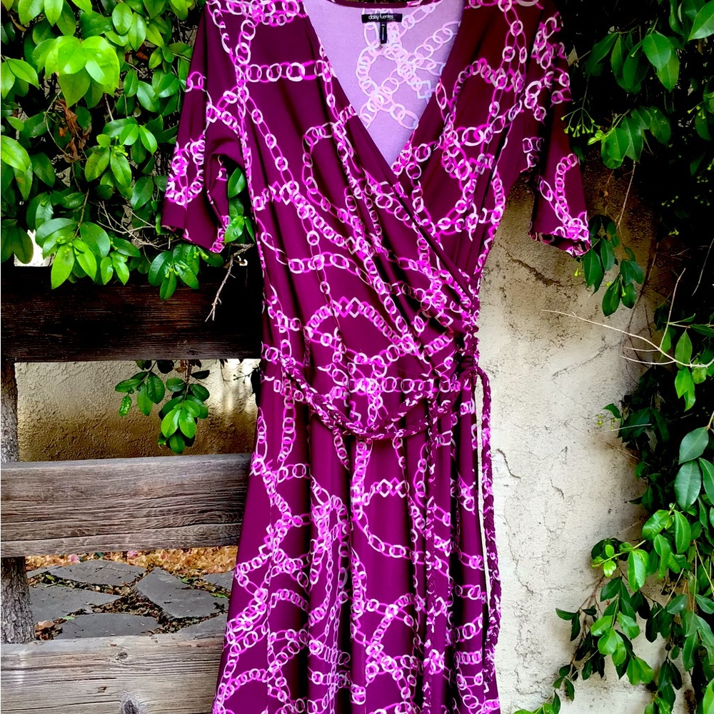 Purple wrap pattern dress with belt